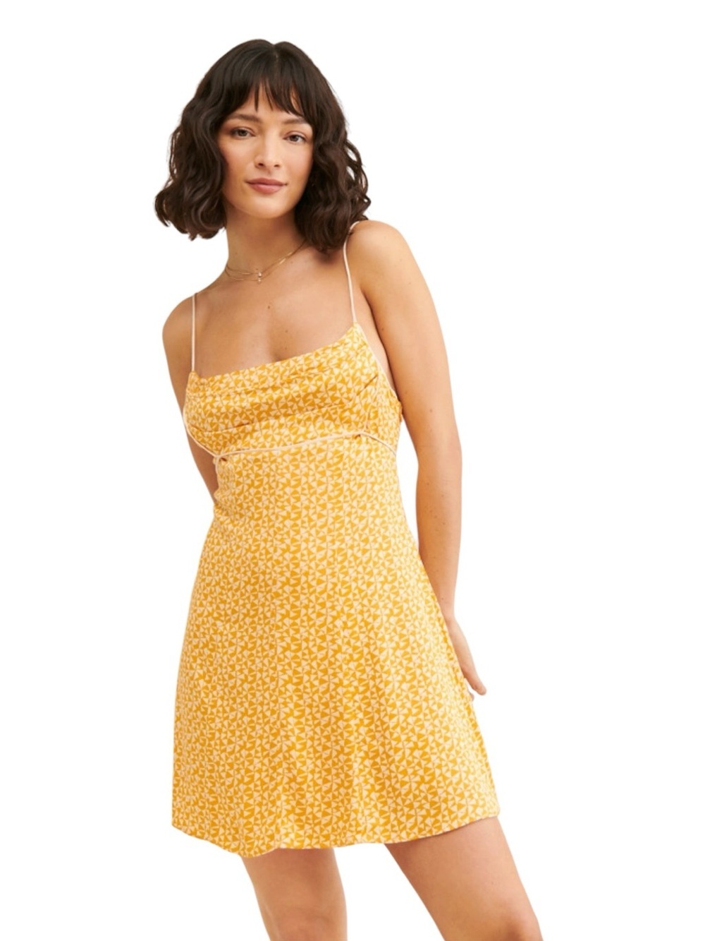 Free People - NWT Kai Mini Dress Yellow Geometric Print Tie Strap Sz L